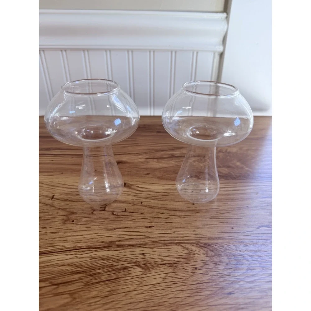 Mushroom Glass Cocktail Glasses or Vases Set of 2 Clear Whimsical 4.75